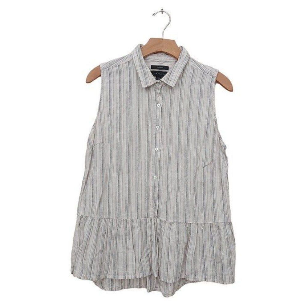 Tahari Womens Large Sand  Linen Blouse Striped Sleeveless Ruffle Hem Bohemian